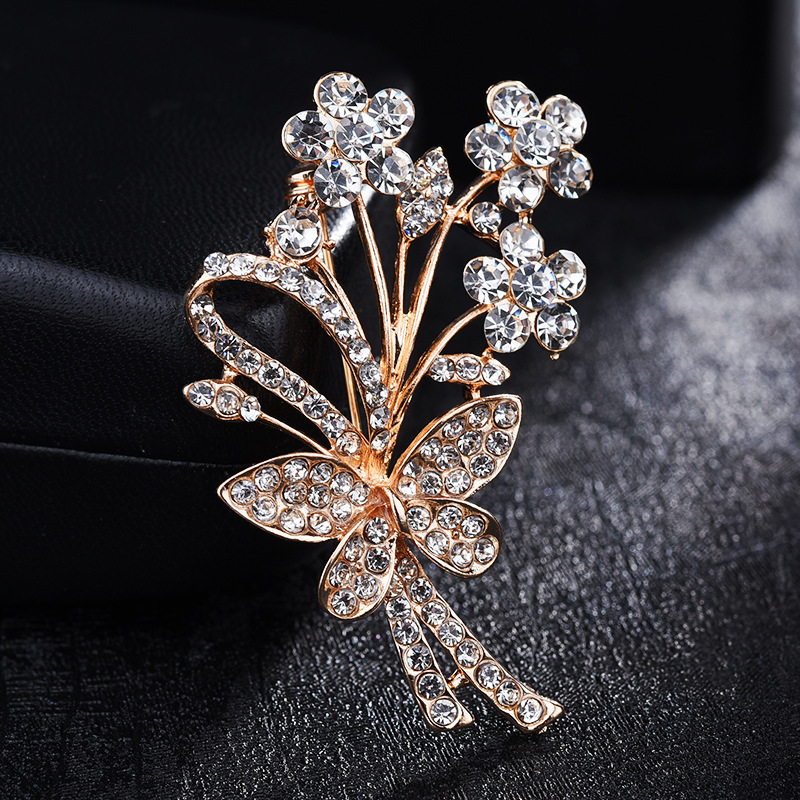 Bow Flower Bouquet Brooch for Women Shiny Crystal High Quality Clothing Scarf Accessories Female Brooches Pins Gift