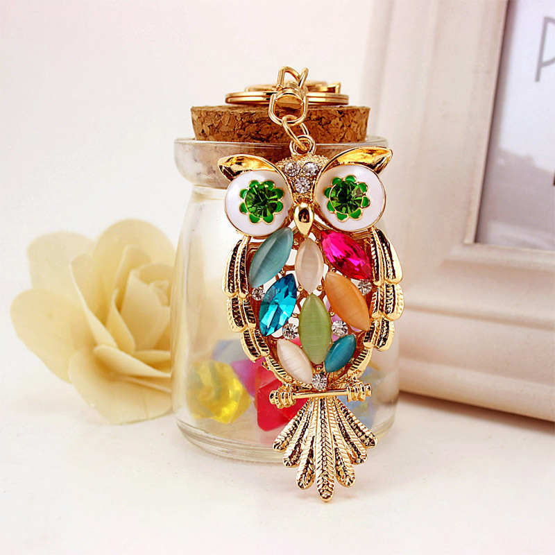 Gold Flower Crystal Owl Keychain Full Rhinestone Key Ring Key Holder For Women Bag Accessories Cute Animal Car Key Chain