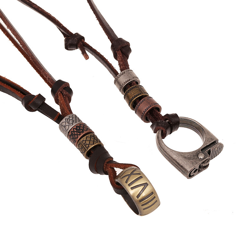 Retro Punk Men's Leather Rope Necklace Men's Lighter Cross Double Pendant Necklace Men's Accessories