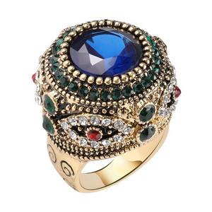 Fashion Gold Antique Ring For Women Bohemian Blue Resin Inlay Crystal Punk Charm King Ring Vintage Jewelry