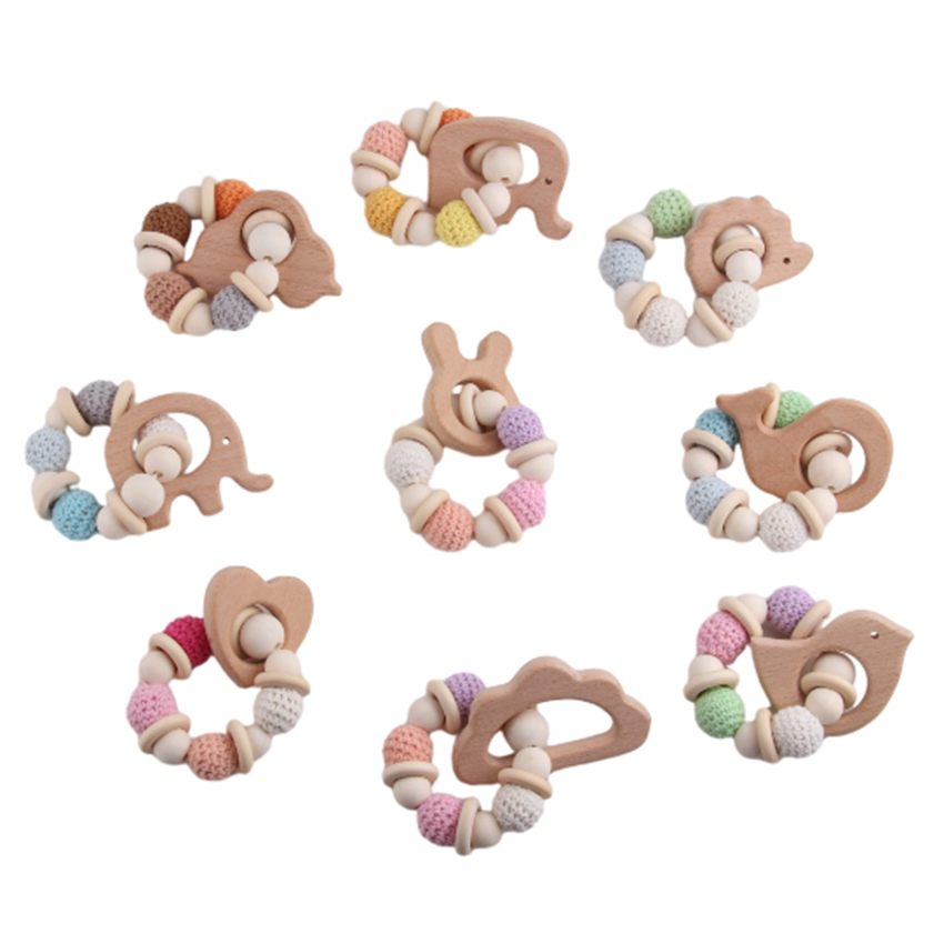 Cartoon Wooden Rattle Teething Glue Baby Toy Crochet Silicone Animal Teething Ring Personalized Wooden Rattle Teething Glue