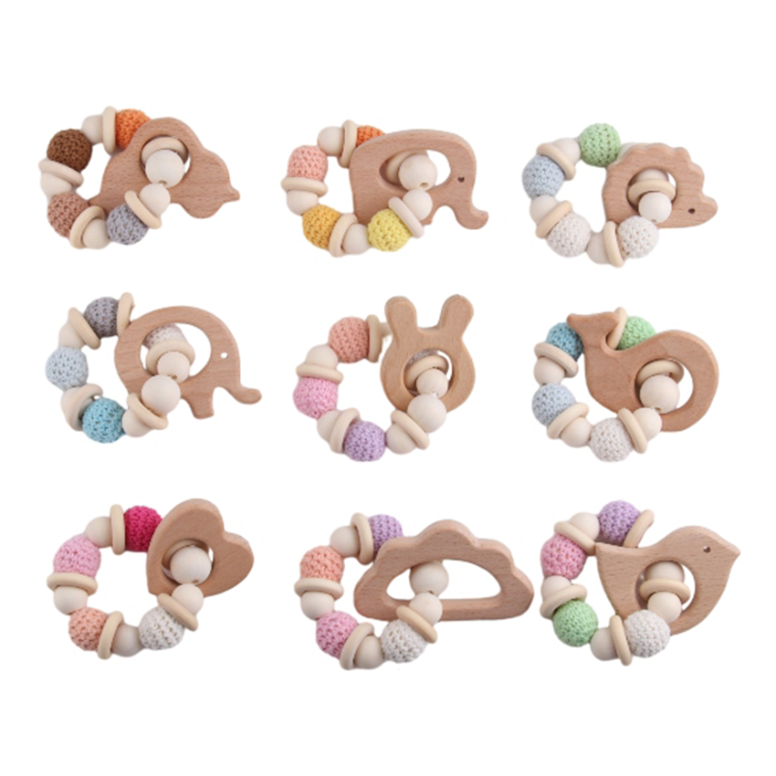 Cartoon Wooden Rattle Teething Glue Baby Toy Crochet Silicone Animal Teething Ring Personalized Wooden Rattle Teething Glue