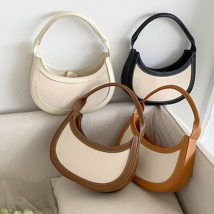 Guangzhou Factory 2023 Women Retro Niche Design Stitching Hand-Held Contrasting Color Armpit Bag Versatile Crescent Bag