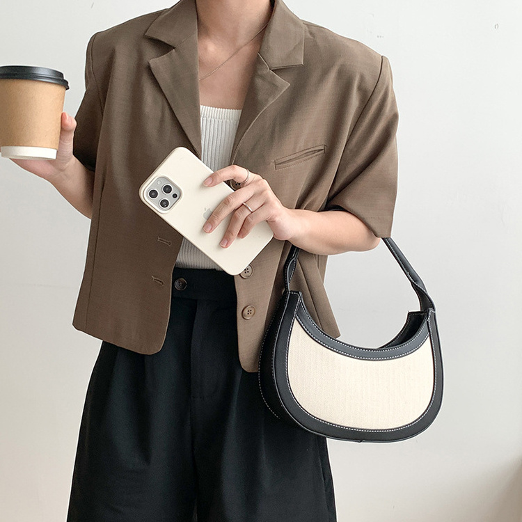 Guangzhou Factory 2023 Women Retro Niche Design Stitching Hand-Held Contrasting Color Armpit Bag Versatile Crescent Bag