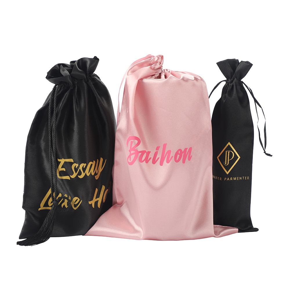 Custom Printed Logo  colorful rose gold drawstring satin silk  gift packing bag pouch