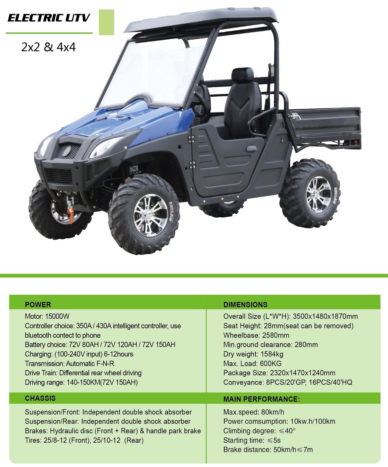 High Quality Street Legal Buggy Atvs Und Utvs Quad Bikes Electric Atv/Utv 15KW 4WD UTV