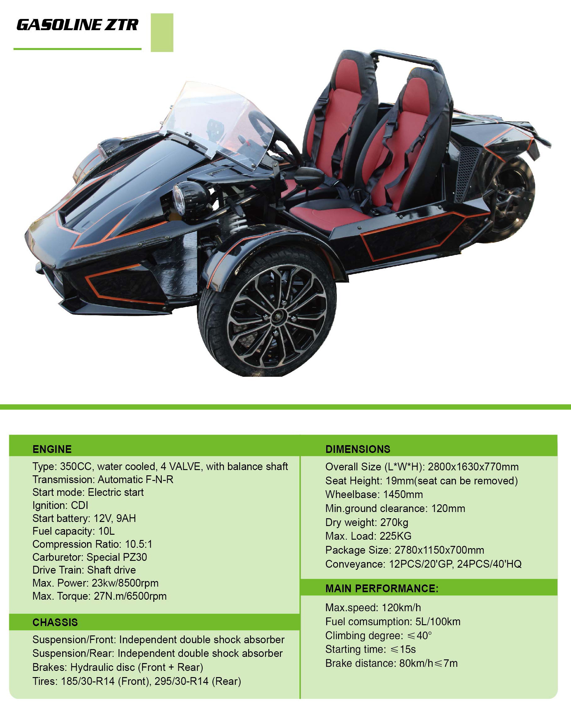 Adult three-wheeled gas motorcycle 350CC Zhenhua ZTR tricycle convertible sports car