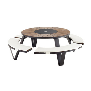 Outdoor plastic wood garden patio furniture set round table park dining set picnic table and bench with umbrella hole