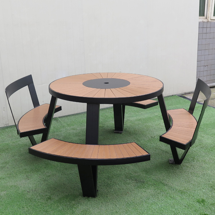 Outdoor plastic wood garden patio furniture set round table park dining set picnic table and bench with umbrella hole