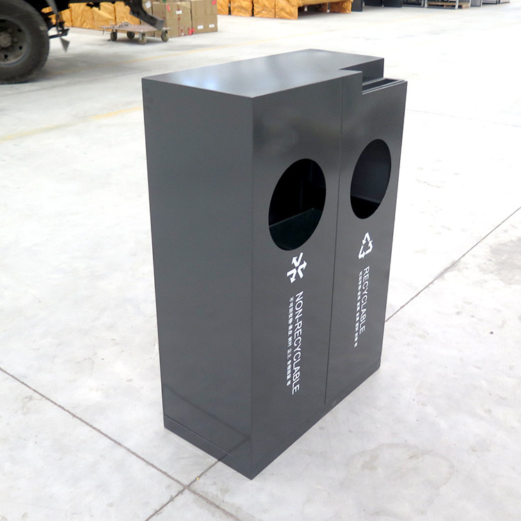 Black Commerce City Advertisement Dustbin 2 Compartments Waste Bin Garbage Bin For Airport Hotel Office Building