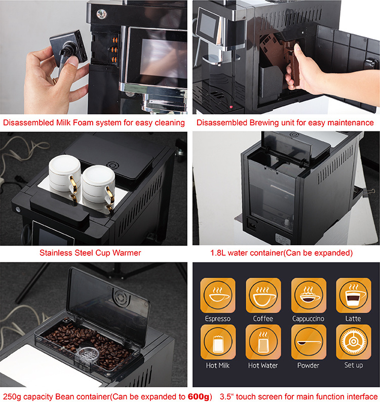 ABS housing glass panel automatic espresso maker one touch cappuccino bean to cup coffee machine