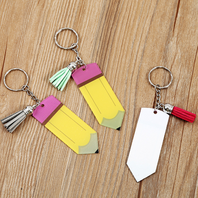 Wholesale Handmade Tassel Drop Vinyl Pencil Keyring Cut Printed Acrylic Pencil Tassel Keychain from china