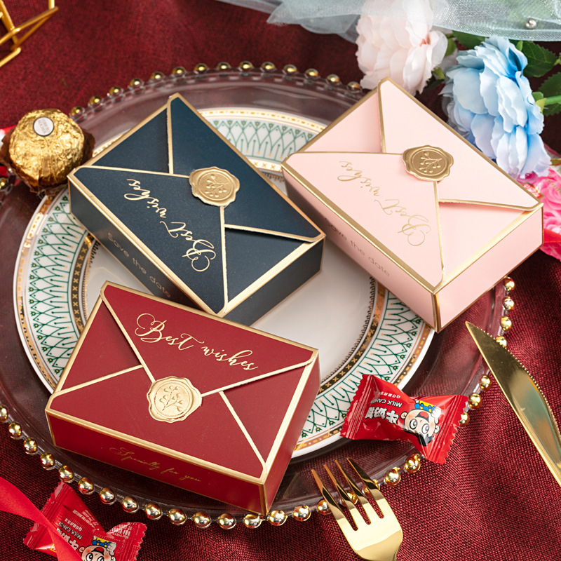 Gold Red Blue Best Envelop Paper Box with Handle Candy Cookie Chocolate Macaroon Wedding Gift Packaging