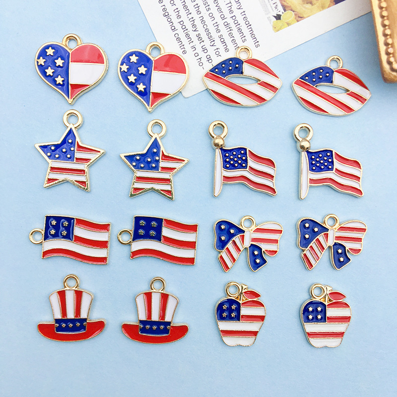 American Flag Alloy Charm Pendant Patriotic Enamel Charm Ornament Star Heart Shaped Charm Gold Plated Dainty Pendant