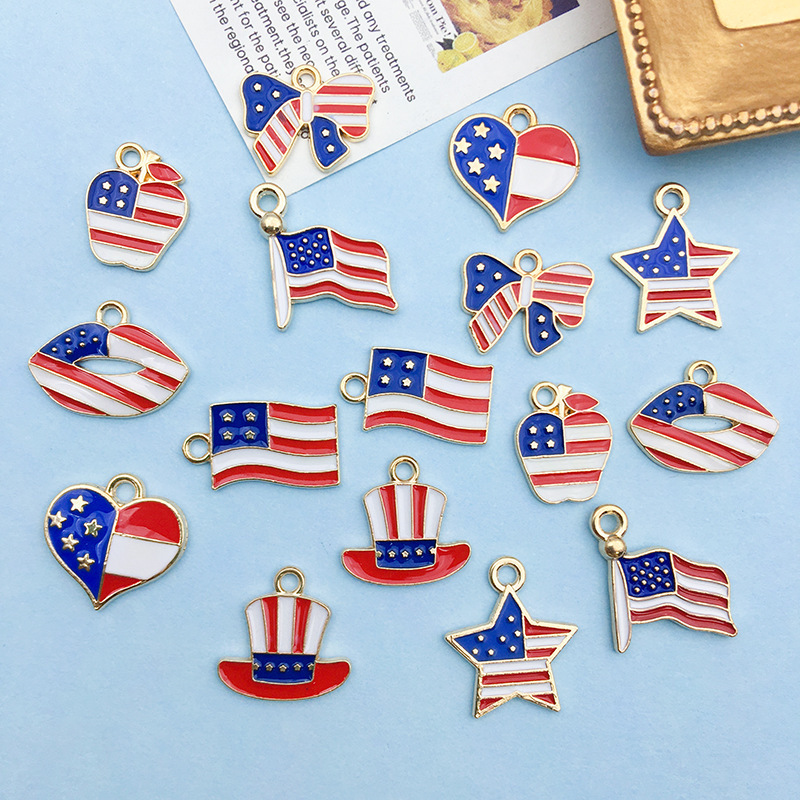 American Flag Alloy Charm Pendant Patriotic Enamel Charm Ornament Star Heart Shaped Charm Gold Plated Dainty Pendant