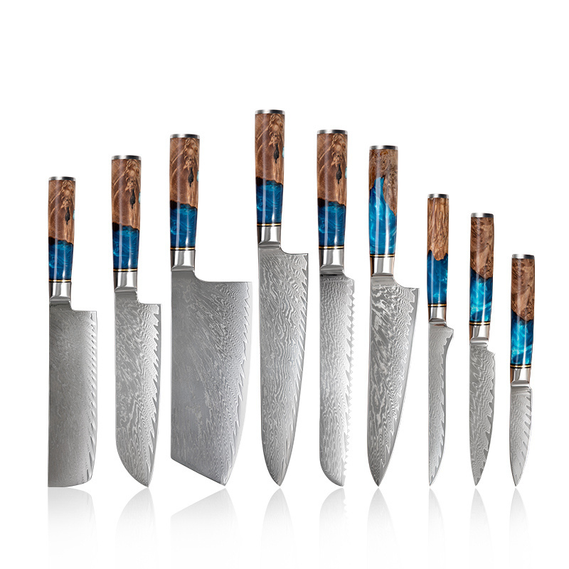 9pcs Luxury Blue Resin Handle Japanese Chef Knife Damascus Steel Kitchen Knife Chef Knives Set