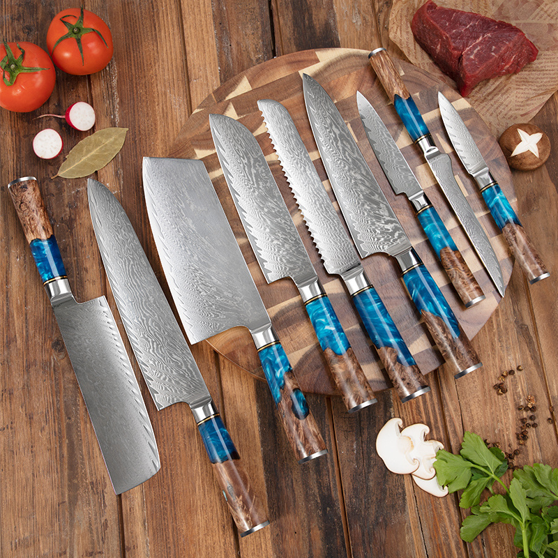 9pcs Luxury Blue Resin Handle Japanese Chef Knife Damascus Steel Kitchen Knife Chef Knives Set