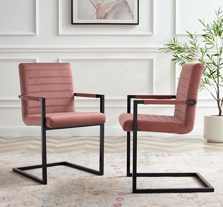 modern living room dining chairs furniture metal frame Z shape bow chair genuine leather fabric dining chairs with arm