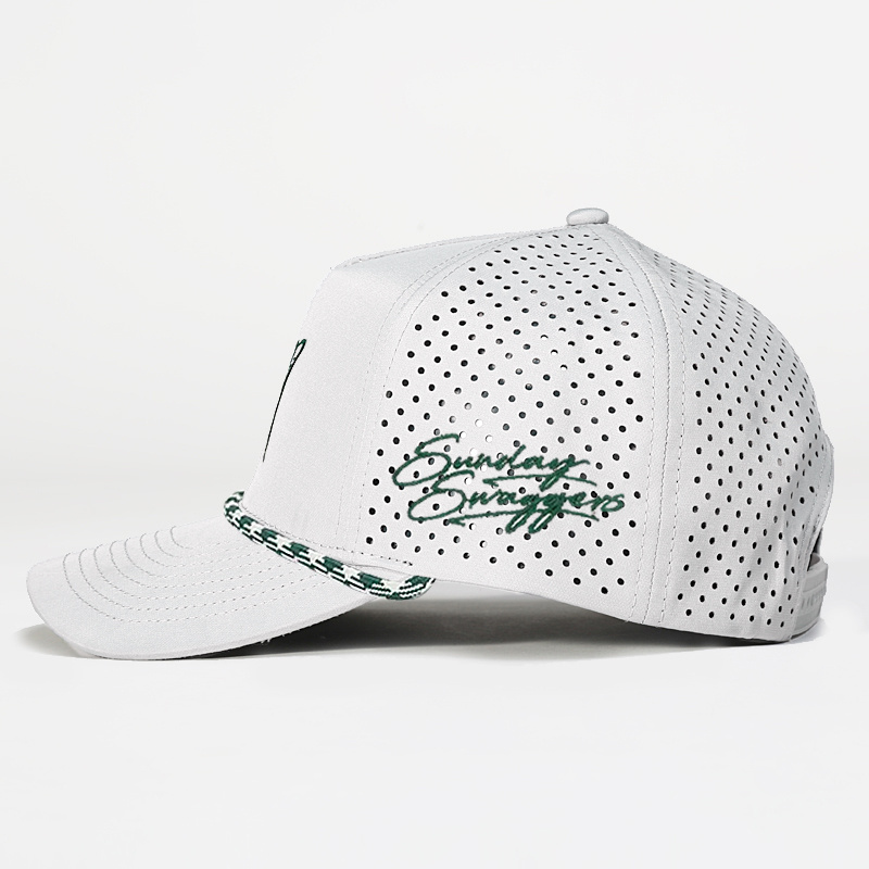 Custom Patch Logo 5 Panel White Quick Dry Performance Sport Baseball Cap,Laser Cut Hole Golf Gorras,Polyester Rope Dad Hat