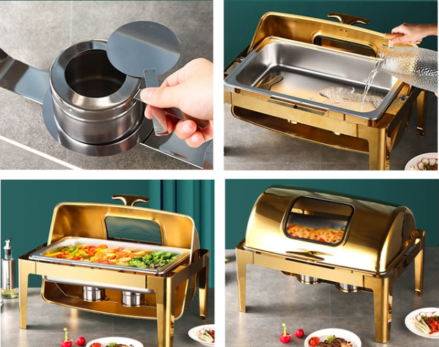 Heavybao Gold Food Warmer Other Hotel & Restaurant Supplies Heavy Duty Chafing Dish with Diamond Cover and Lid Holder