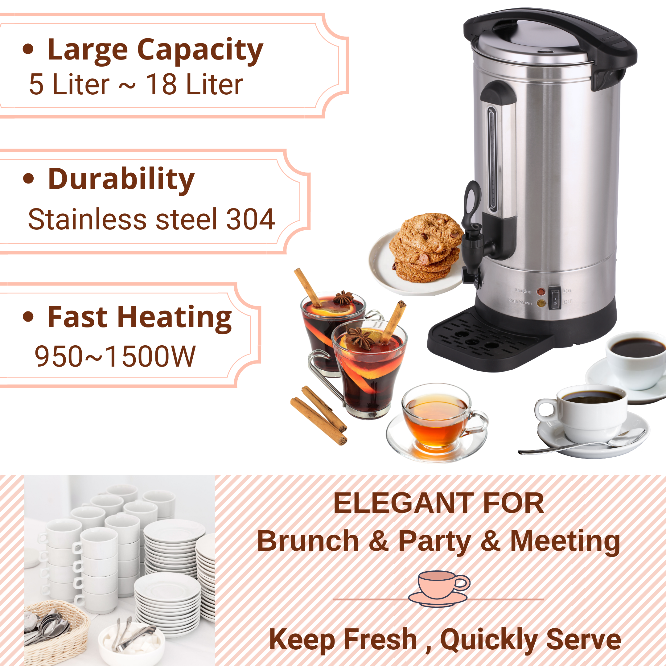 Heavybao Commercial Stainless Steel Coffee Percolator Hotel Electrical Coffee Maker Urn Water Boiler Coffee Urn