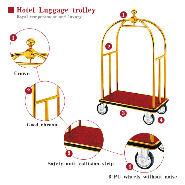 Heavybao Stainless Steel Birdcage Trolleys Bellman Cart Golden Serving Cart Hotel Travel Box Suitcase Trolley Luggage Bag