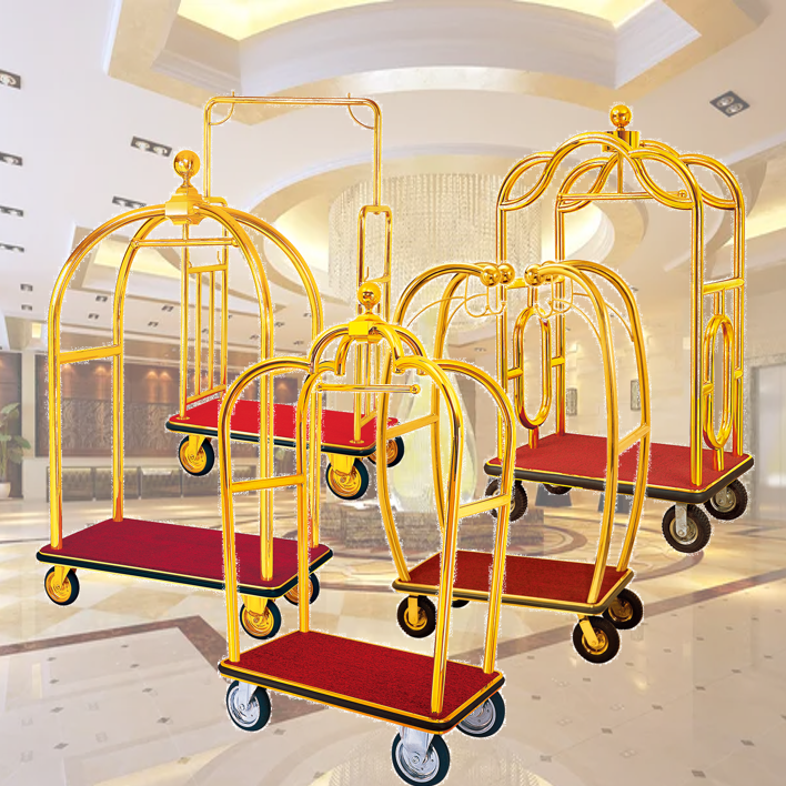 Heavybao Hotel Golden Stainless Steel Bellman Trolley Luggage Cart With Wheels Luxury Hotel Golden Top Luggage Trolley