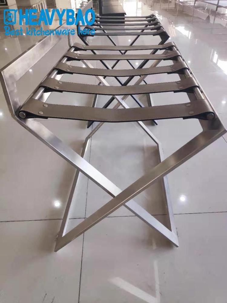 Heavybao Hot Sell Hotel And Restaurant Stainless Steel Universal Luggage Rack With PU Leather Belt