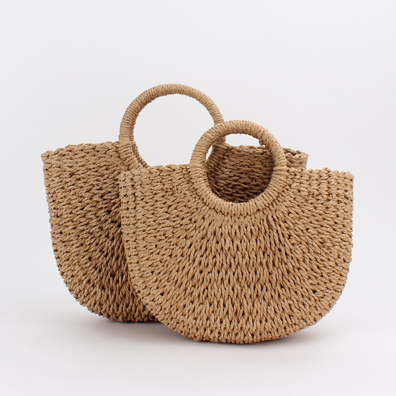 Wholesale woven paper shopping grocery basket handbag eco friendly beach straw basket raffia bag