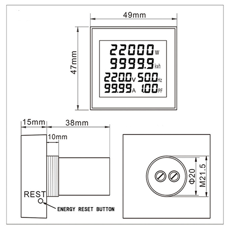 50-300V AC Energy Meter Wattmeter Digital Power Factor Kwh Watt Electric Meter Voltmeter Ammeter LCD Screen with Reset Function