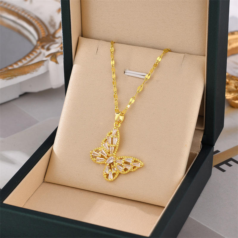 Hifive Jewelry Statement Gold Stainless Steel Pearl Zircon Heart Butterfly Pendant Necklace Women Non Tarnish Pendant Necklace