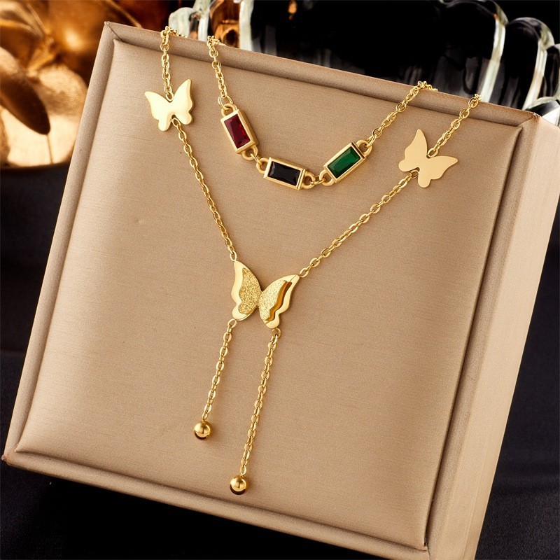 Fashion stainless steel 18K gold plated Fritillaria butterfly pendant necklace waterproof long tassel necklace for women jewelry