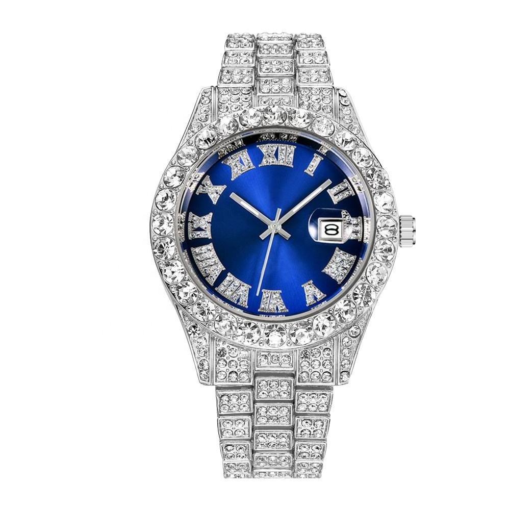 Hifive Luxury Custom Bling Hip Hop Fully Iced Out Watches Silver Gold Blue Dial Quartz Diamond Watches Men Wrist icee watch