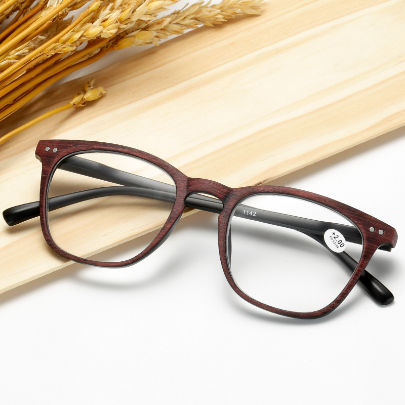 Higo New Big front wood grain PC reading glasses with spring hinge temple for wholesale