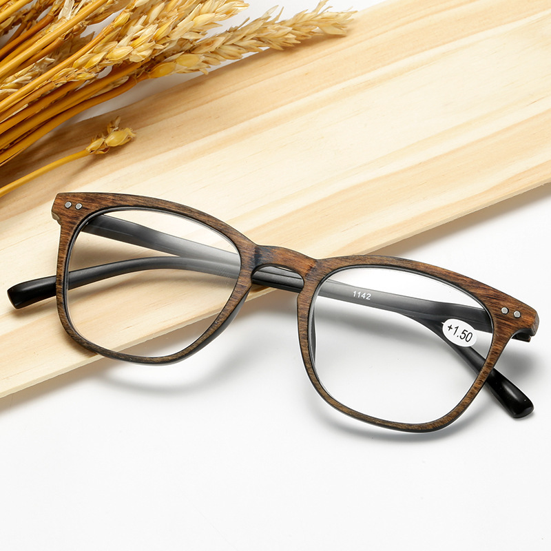 Higo New Big front wood grain PC reading glasses with spring hinge temple for wholesale