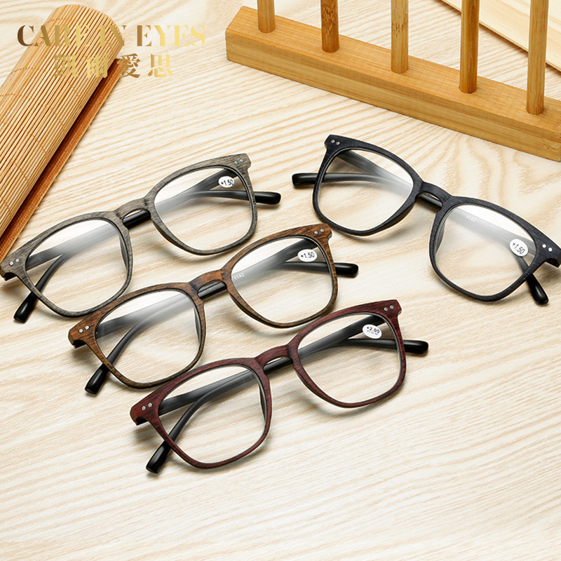 Higo New Big front wood grain PC reading glasses with spring hinge temple for wholesale