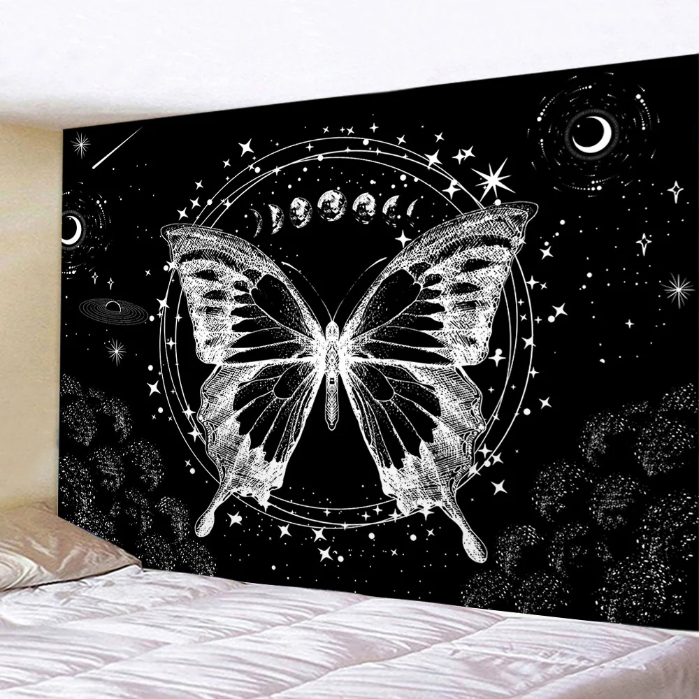 Butterflies and Moths Print Wall Hanging Tapestry Black And White Flower Style Home Dormitory Decor Tapestries Outdoor Blankets