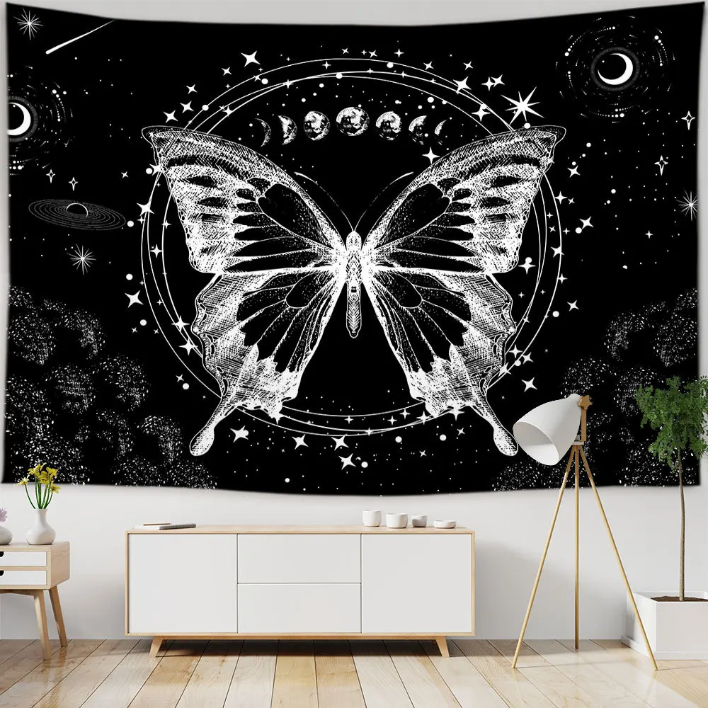 Butterflies and Moths Print Wall Hanging Tapestry Black And White Flower Style Home Dormitory Decor Tapestries Outdoor Blankets