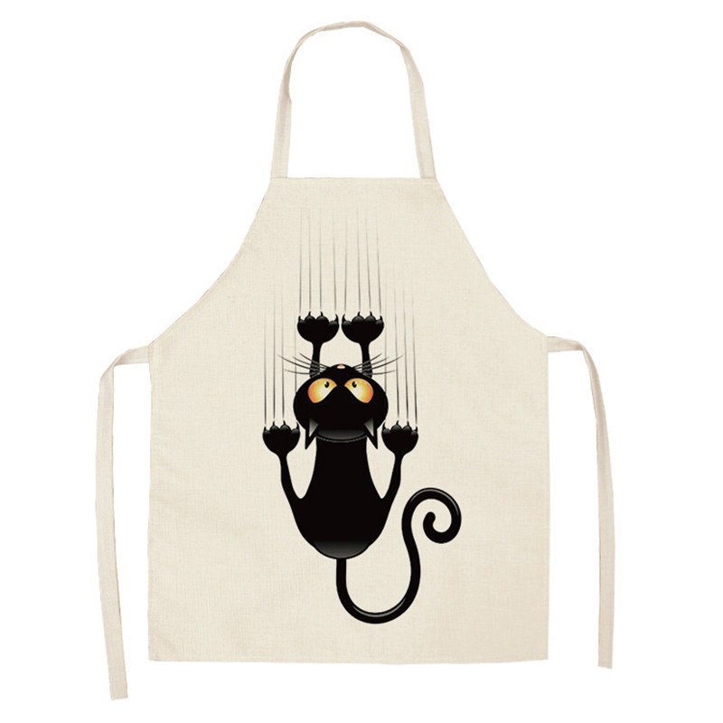 Wholesale Black Cute Cat Printed Kitchen Cooking Baking Aprons 53*65cm Sleeveless Cotton Linen Women Man Home Baking Accessories