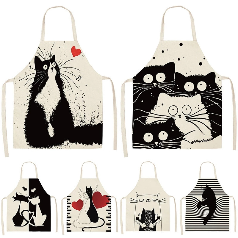 Wholesale Black Cute Cat Printed Kitchen Cooking Baking Aprons 53*65cm Sleeveless Cotton Linen Women Man Home Baking Accessories