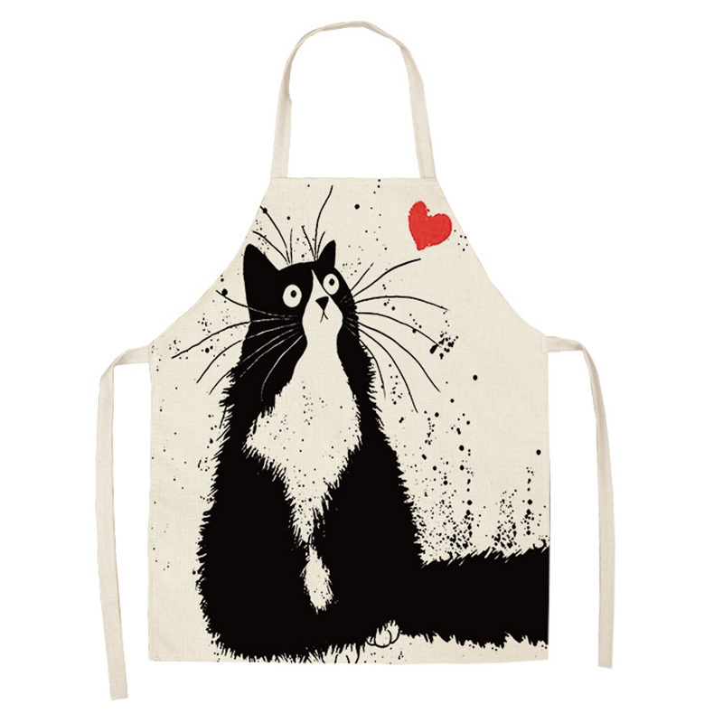 Wholesale Black Cute Cat Printed Kitchen Cooking Baking Aprons 53*65cm Sleeveless Cotton Linen Women Man Home Baking Accessories