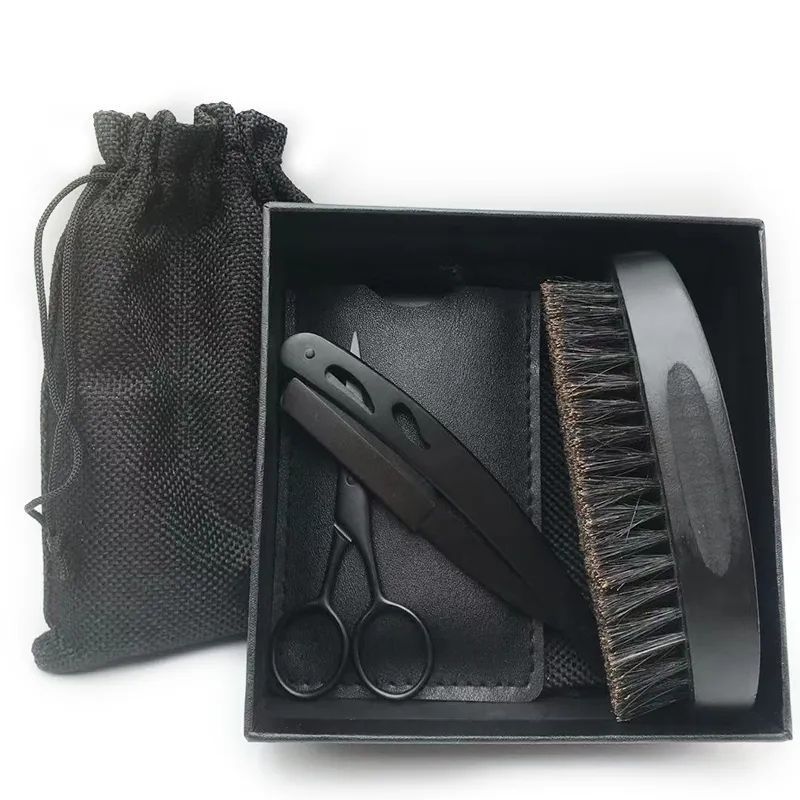 Custom Logo Black Wood Boar Hair Bristle Mens Beard Grooming Kit Beard Brush and Comb Set