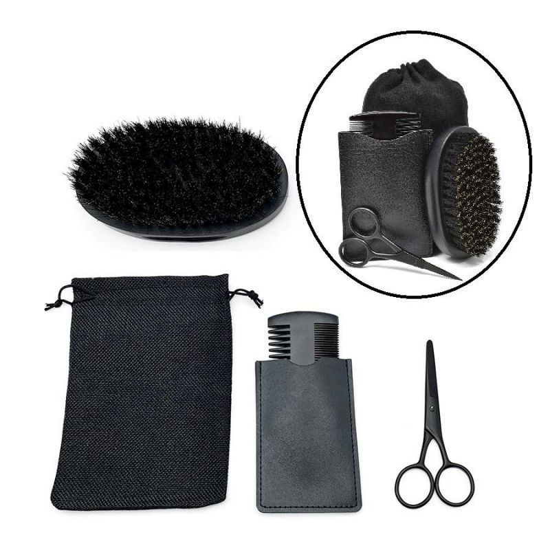 Custom Logo Black Wood Boar Hair Bristle Mens Beard Grooming Kit Beard Brush and Comb Set