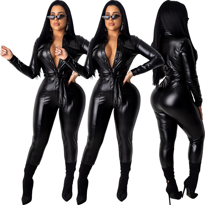 Fashion Women Winter clothing Black Colour V- neck Slim PU Leather Pants Temperament Jumpsuit Women Jumpsuit