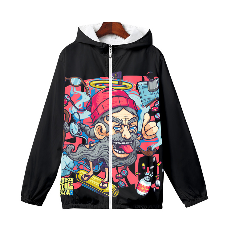 Sublimated Logo Printing Outdoor Hooded Zip Up Windbreaker Jacket Apparel