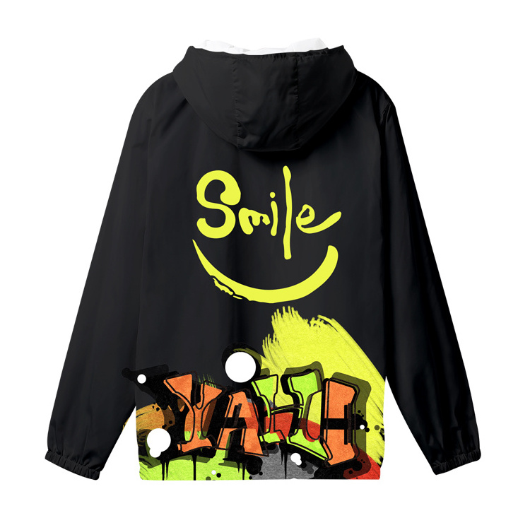 Sublimated Logo Printing Outdoor Hooded Zip Up Windbreaker Jacket Apparel