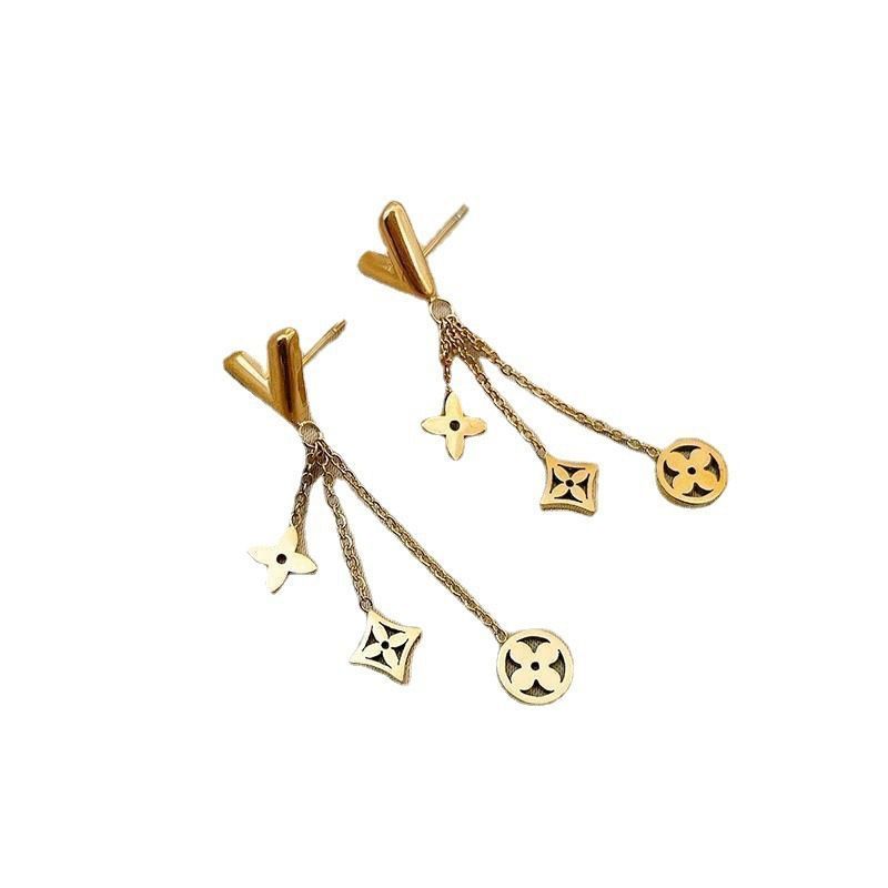 Letter V Tassel Dangle Earrings Irregular Geometric Stainless Steel Flower Four Leaf Clover Two Wear Earrings Studs