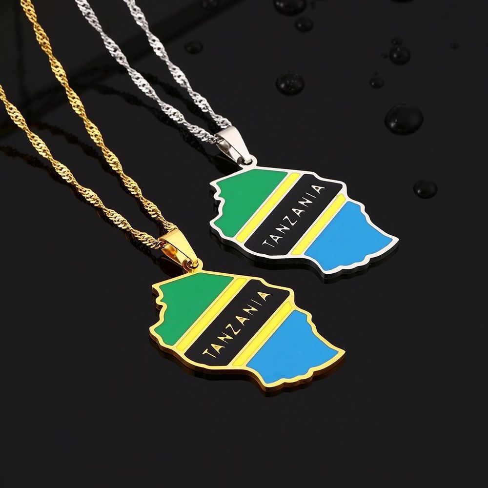 Stainless Steel Gold Enamel Pendant Necklace Tanzania Map Necklace African National Map Necklace Customized Flag