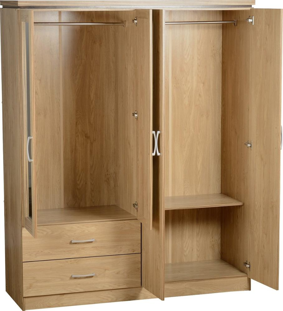 Bedroom Furniture Modern Wooden Wardrobe with Low Price European Style  simple Wooden Wardrobe Closet with Mirror 4 doors 2 draw