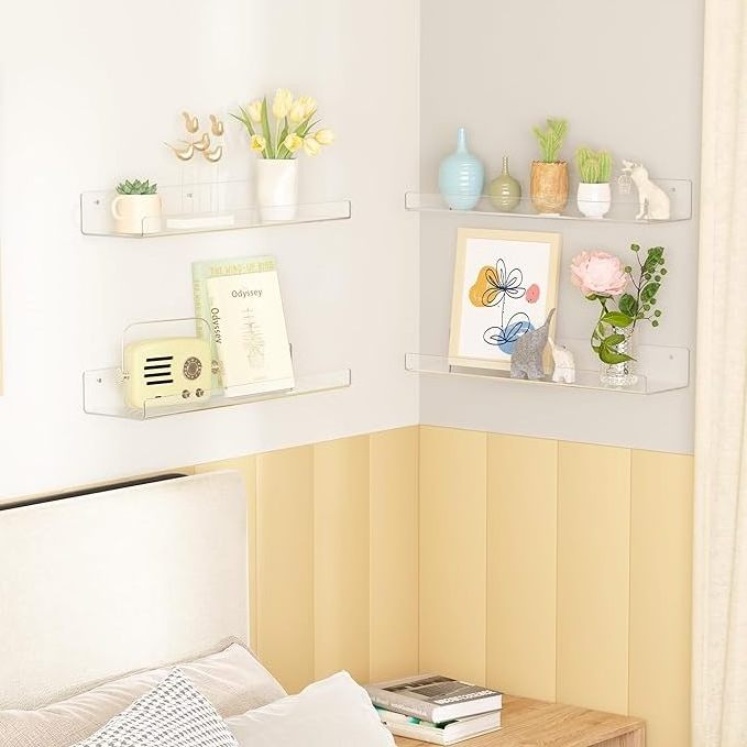 2 Pack Clear Acrylic Shelves for Wall Storage, Floating Bookshelves, Wall Storage Shelves for Bathroom/Bedroom/Living Room